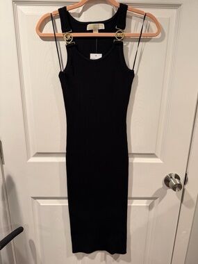 michael michael kors logo tape ribbed knit dress Michael Kors Logo Tape Metallic Ribbed Knit Dress Gold/Silver XS/M Nwt $225